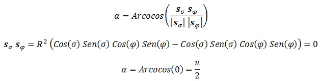 ángulo entre vectores tangentes esfera